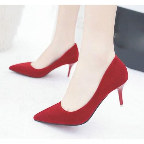 QWEDF Office Lady Shoes Faux Suede High Heels Woman Shoes Pointed Toe Dress Shoes Basic Pumps Women Boat zapatos mujer AE-08