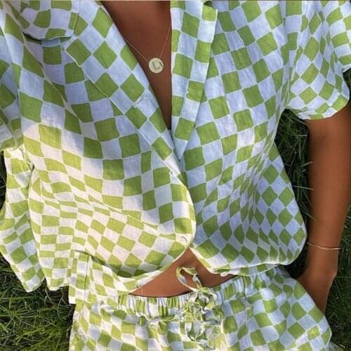 Casual Women Lounge Wear Summer Plaid Tracksuit Shorts Set Short Sleeve Shirt Tops And Mini Shorts Suit 2021 Green Two Piece Set