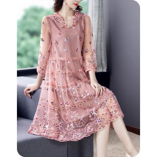 Women Loose Red Floral Mesh Embroidery Midi Dress 2021 Summer Vintage 5XL Plus Size Casual Dress Elegant Bodycon Party Vestidos