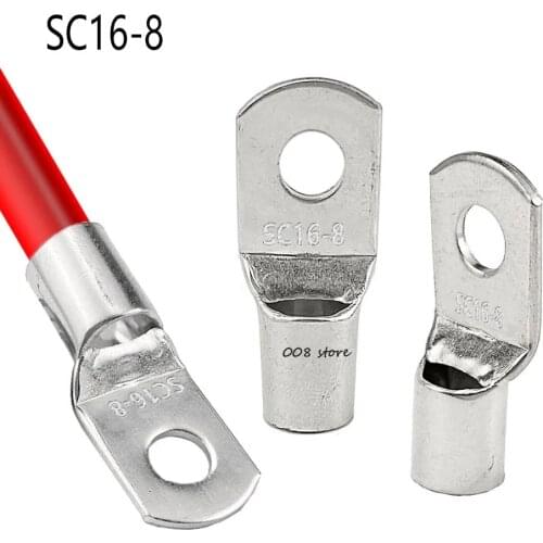 20PCS 50Pcs/lot SC16-8 16mm2 8mm Bolt Hole Tinned Copper Cable lugs Cold-pressed crimp Battery terminal