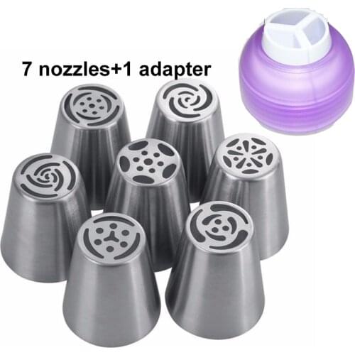 7PCS Stainless Steel Russian Tulip cake Icing Piping Nozzle + 1 Adaptor Converter Pastry Decorating Tips kitchen tool set