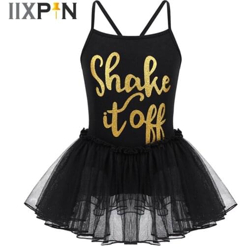 IIXPIN Kids Girls Ballet Tutu Dress Dancewear Spaghetti Shoulder Straps Shiny Letters Ballet Dance Gymnastics Leotard Tutu Dress