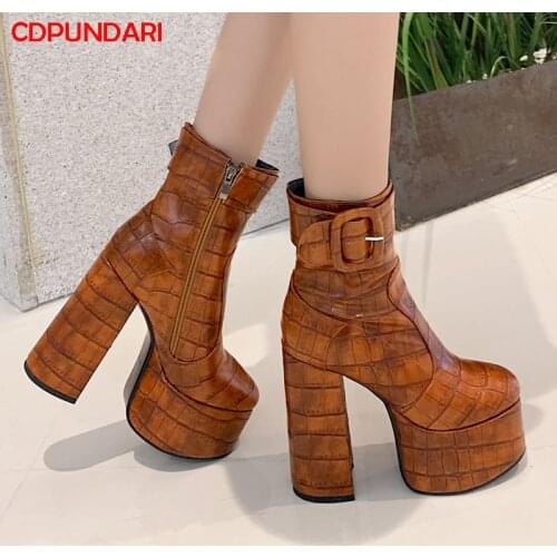 Embossed PU Super High Heels Platform Ankle Boots Women Spring Autumn Punk Short Boots Party Shoes Bottes Plateforme Femme
