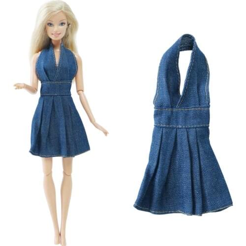 BJDBUS Doll Dress Denim Skirt Deep V Backless Outfit Mini Gown Daily Wear Clothes for Barbie Doll Accessories Kids Gift Toy