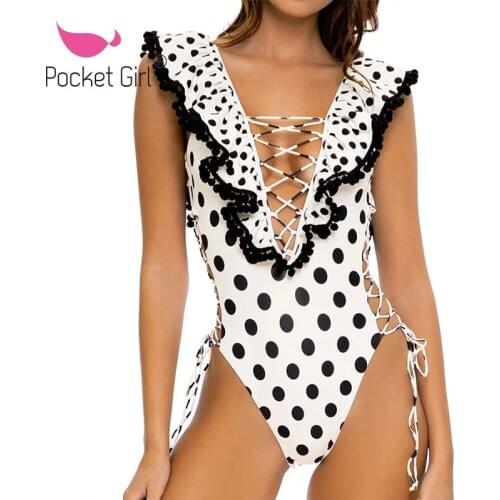 Pocket Girl 2021 Sexy One Piece Swimsuit Ruffle Swimwear Women Monokini Dot Bodysuit Push Up Trikini Female Bathing Suit Summer