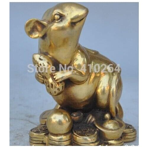 AA $ Chinese Folk Bronze Copper Fengshui wealth yuanbao Zodiac Mouse Rat Lucky Statue