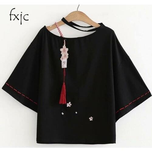 Summer girls loose wild round neck small fresh embroidered short-sleeved T-shirt 2018 womens T-shirt M899