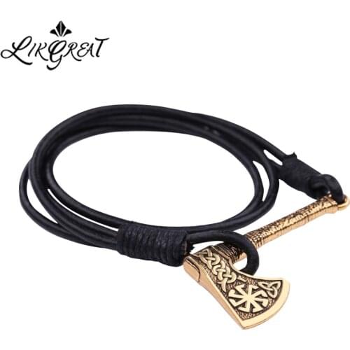 LIKGREAT Slavic Talisman Anqitue Silver Plated Axe Pendant Bracelets Viking Kolovrat Wheel Amulet Vintage Knots Leather Bracelet
