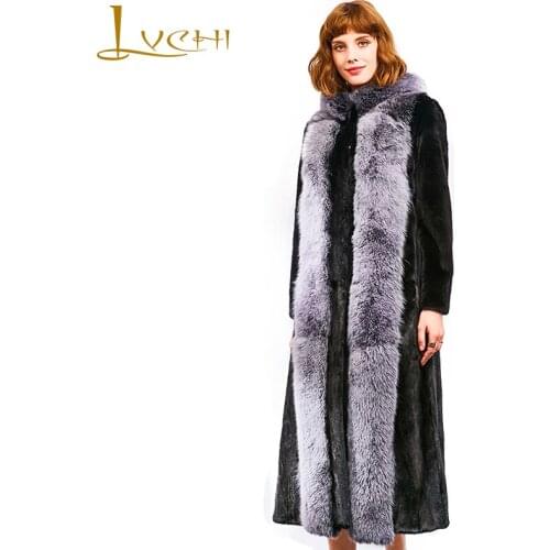 LVCHI Winter2017 Imported Crown Swan Velvet Mink Coat Womens Natural Fur Coat Mink Coat Slim With Fox Fur Collar Mink Fur Coats