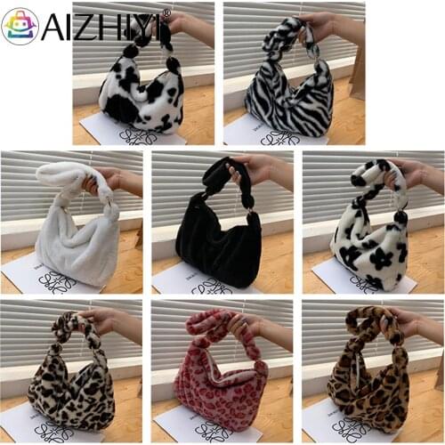 Fashion Women Winter Plush Flower Animal Pattern Shoulder Bag Female Underarm Bag Faux Fur Handbag Sweet Girls Furry FluffyTote