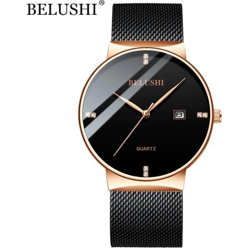 BELUSHI Mens Watches Fashion Ultra-Thin Steel Mesh Quartz Watch Top Luxury Brand Men Analog Business Waterproof Wrist Watch