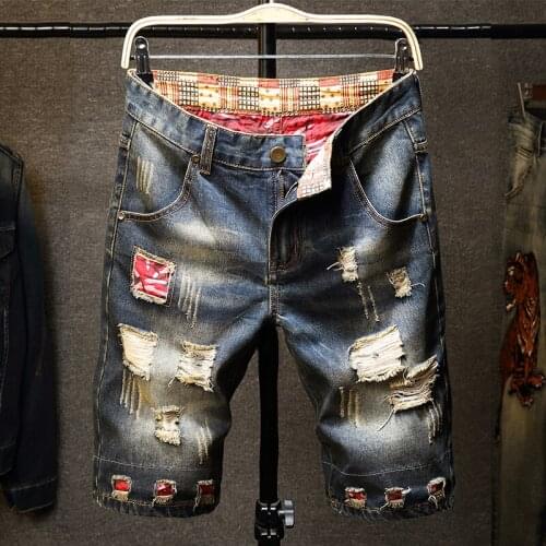 2021 Summer New Mens Denim Shorts Street Fashion Hole Patch Distressed Casual Slim Fit Male Brand pants men clothing