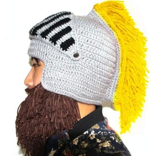 Red Tassel Cosplay Roman Knight Knit Helmet Mens Caps Original Barbarian Handmade Winter Warm Beard Hats Funny party Beanies