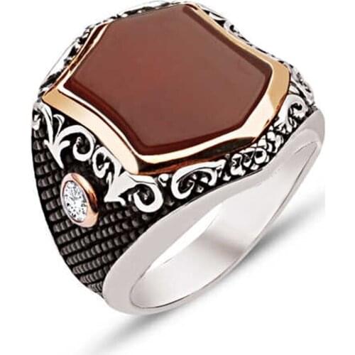 Silver Custom Cut Agate Stone Men 'S Ring