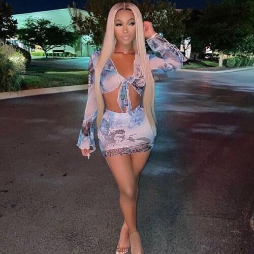 Spring/Summer Womens New Products Womens Transparent Mesh Printing Sexy Two-piece Set Wrapped Chest Elastic Band Short Set