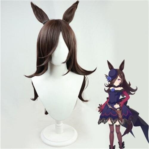 Pretty Derby Rice Shower Cosplay Wig with Ears Heat Resistant Synthetic Long Brown Wig Hair Hallowen Party+ Free Wig Cap