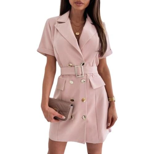 Thin Notched Collar Casual Dresses for Women Buttons High Waist Summer Dress with Belt Pockets Office Ladies Mini Dress T7956