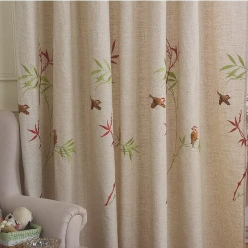 American Pastoral Style Curtains for Window Retro Cotton and Linen Blackout Curtains for Bedroom Bird and Flower Embroidered