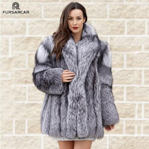 FURSARCAR Natural Real Silver Fox Fur Coat With Fur Collar Women Winter Whole Skin Real Fox Fur Jacket Female Fashion Outwear