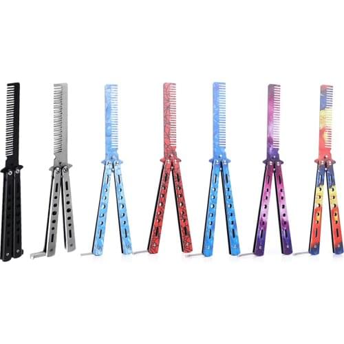 1pcs Foldable Comb Stainless Steel Practice Training Butterfly Knife Comb Beard Moustache Brushes Hairdressing Styling Tool