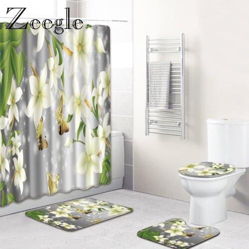 Zeegle Waterproof Shower Curtain with Hooks Bath Mat Set Absorbent Toilet Seat Cover Mat Washable Bathroom Floor Rugs