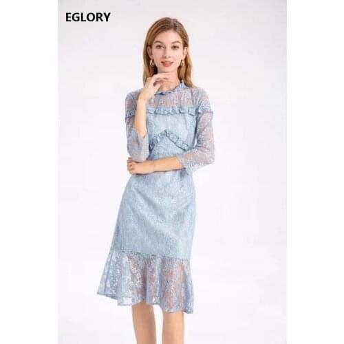 High Quality New Lace Dress 2020 Autumn Style Women Ruffle Floral Patchwork 3/4 Sleeve Knee-Length Bodycon Sheath Dress Blue XXL