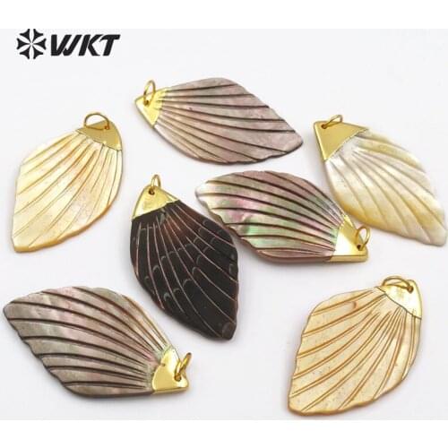 WT-JP070 WKT Dainty Carved Yellow Grey Black Shell Pendant Gold Capped With Circle Hoop Charm For Women Vogue Jewelry Making