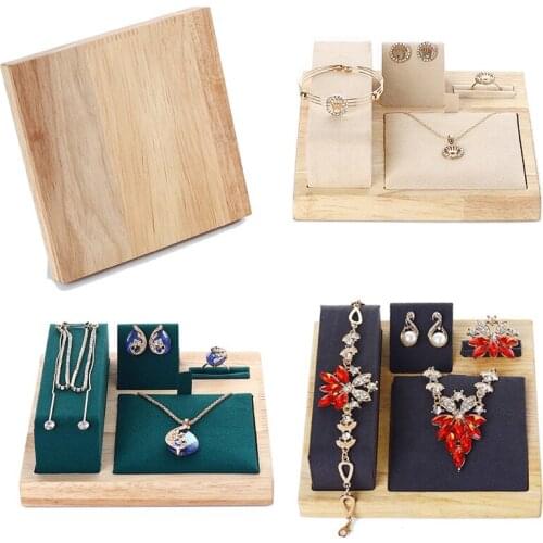 Jewelry Display Bracket Bamboo Wood with Microfiber Fabric Jewelry Display Set Rack Jewelry Counter Seat