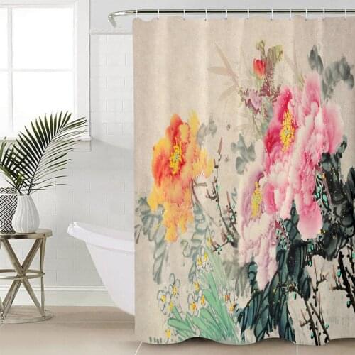 Flower Petals Ink Painting Shower Curtain Bathroom Decorative Waterproof Polyester Fabric Curtain for Bathroom