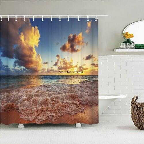 Sunny Ocean Beach Fabric Shower Curtains Bathroom Curtains Sunset Sunset Sea Large Size 300x180CM Bath Tub Screen 12 Hook