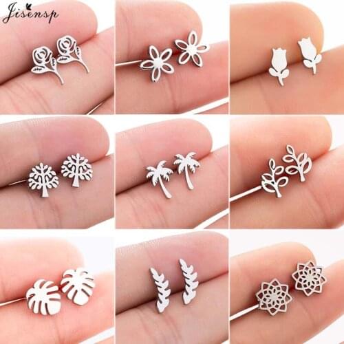 Jisensp Bohemian Style Flower Shaped Stud Earrings Simple Flowers Leaves Stainless Steel Earring for Women Everyday Jewelry Gift