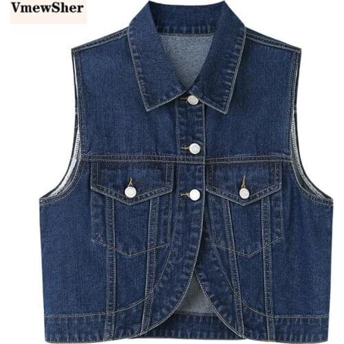 VmewSher New Chic Women Short Denim Vest Spring Autumn Sleeveless Crop Tops Slim Jacket Women Jean Waistcoat Outwear All Match