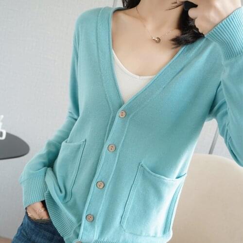 MERRILAMB Spring Autumn Womens Regular Casual Pure Cotton Knitted V-Neck Cardigan Full Sleeve Outer Sweater Single-Breasted Top