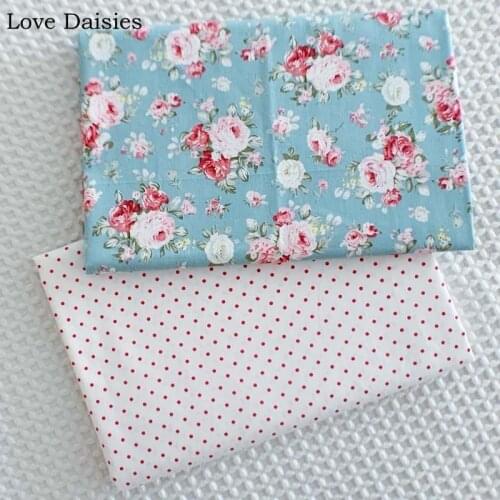 100% Cotton Twill BLUE Pink Red Rose Flower WHITE Red Dots Fabric for DIY Apparel Dress Blouse Sheet Handwork Craft Tissue Top