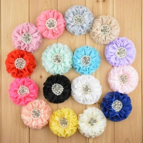 80pcs/lot 3'' Beaded Chiffon Flower Sew Pearl Rhinestone Chiffon Ruffled Flower For Headband Hair Accessories Wholesale Flowers