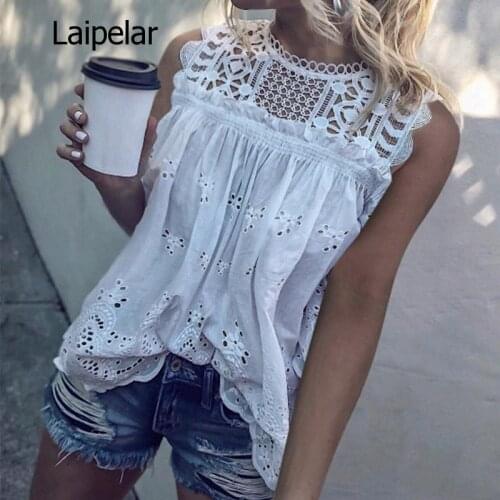 White Lace Hollow Out Cotton Womens Blouses Tunic Sleeveless O-Neck Sexy Female Tops 2020 Summer Fashion Ladies Blouse