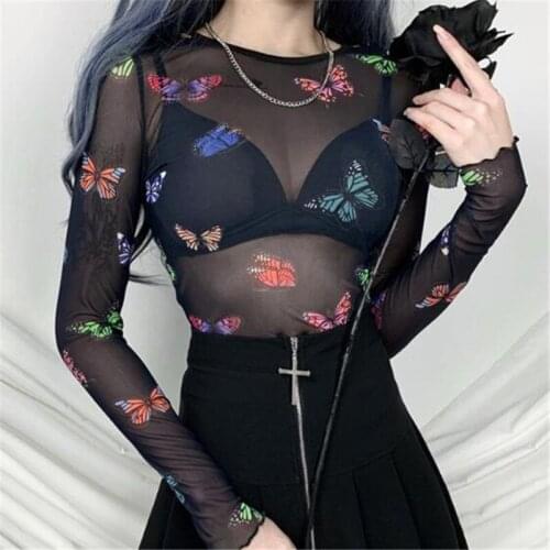 Free Shipping Women T-shirts Summer Butterfly Print Mesh Sheer Sexy Tee Shirts Long Sleeve See Through Beach Club Street Tops