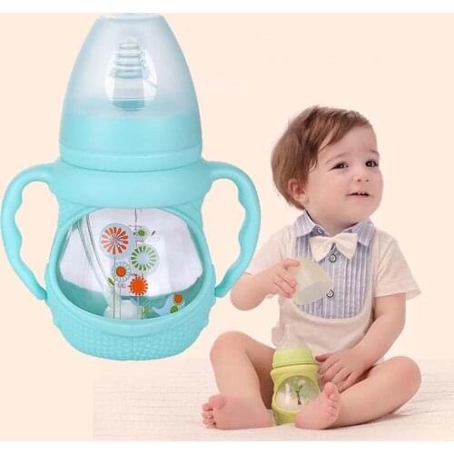 Baby Wide-Bore Glass Nursing Bottle Anti-Flatulence Cute Carton Heat Resistant Glass Feeding Bottle with Handle 150ml / 240ml