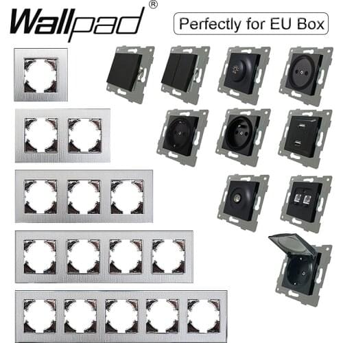 DIY EU Brushed Silver Frame Function Key Push Button Wall Light Switch Power Outlet with Cap Fan Dimmer Data Cat6 USB Wallpad L6