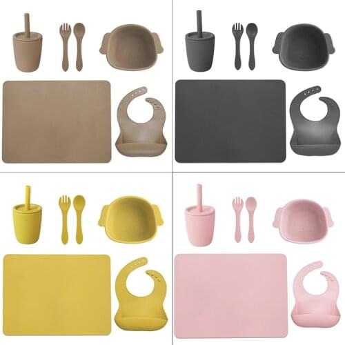 Baby Essential Fashionable Tableware Set Bibs For Children Training Dishes Plates Silicone Fork And Spoon Drinking Straw Cup