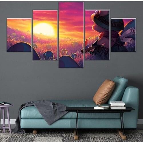 Canvas Print Painting Wall Art League Of Legends Game Poster 5 Piece Landscape Field Mushroom Sunset Teemo Picture For Kids Room