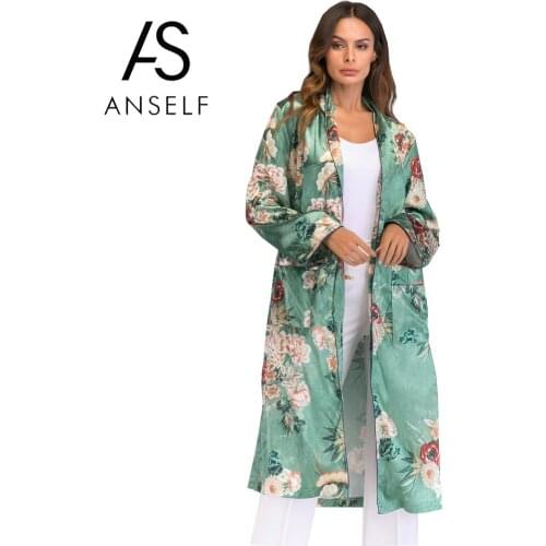 Vintage Women Retro Floral Print Maxi Kimono Lapel collar Long Sleeve Cardigan Coat Loose Long Blouse Shawl Tops With Belt Green