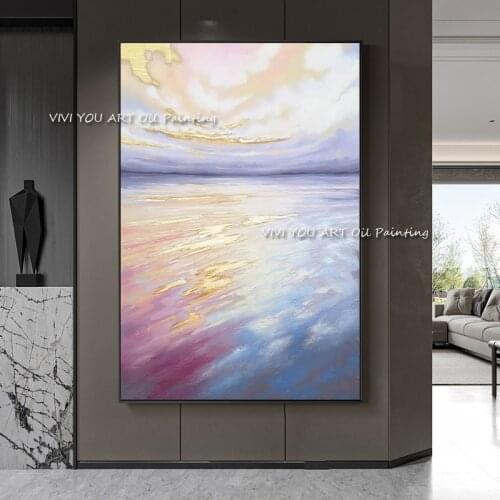 Original Abstract Ocean Oil Painting Pink Purple Posters Handmade Wall Art Canvas Pictures for Living Room Home Decoration