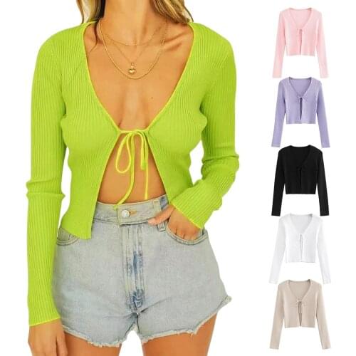Sexy womens lace up blouse, autumn new fashion solid color lace up knit cardigan long sleeve deep V-neck open rib knit shirt