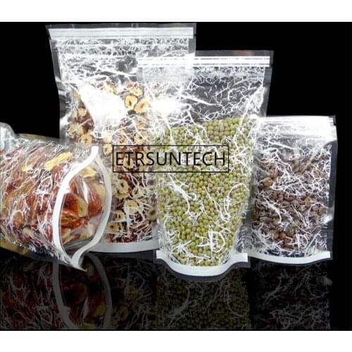 Plastic Stand Up Pouch White Flower Printed Bags with Front Clear Zipper Reusable Food Packaging Sachet 1000pcs