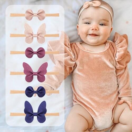 Litchi PU Butterfly Baby Headbands Soft Nylon Elastic Leather Hair Accessories For Toddlers Hairbands For Newborn Infants