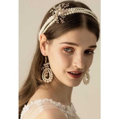 Gold Rhinestone Leaf Pearls Wedding Headband Tiara with Earrings Crystal Headpiece Bridal Hair Accessories for Bride Women