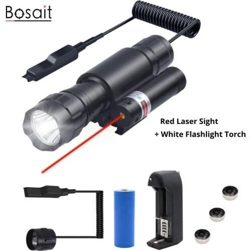 Tactical Hunting 2 In 1 Weapon Flashlight Red Laser Sight Combo Fit for 11/20mm Rail Rifle Colimator with Battery and Charger