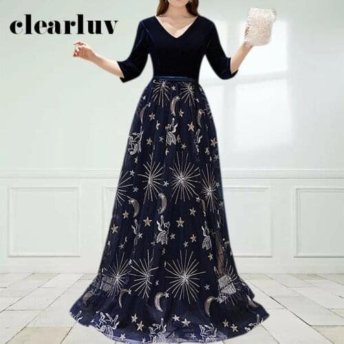 Navy Blue A-Line Evening Dress DR1041 V-Neck Patchwork Vestidos De Fiesta Embroidery Women Party Dresses Plus Size Elegant Gown