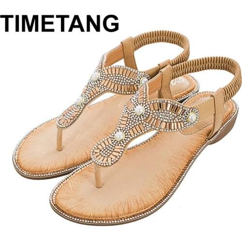 TIMETANGSummer women ladies flat summer ethnic chain pearl sandals beach casual silver shoes zapatos de mujer tacon rosa